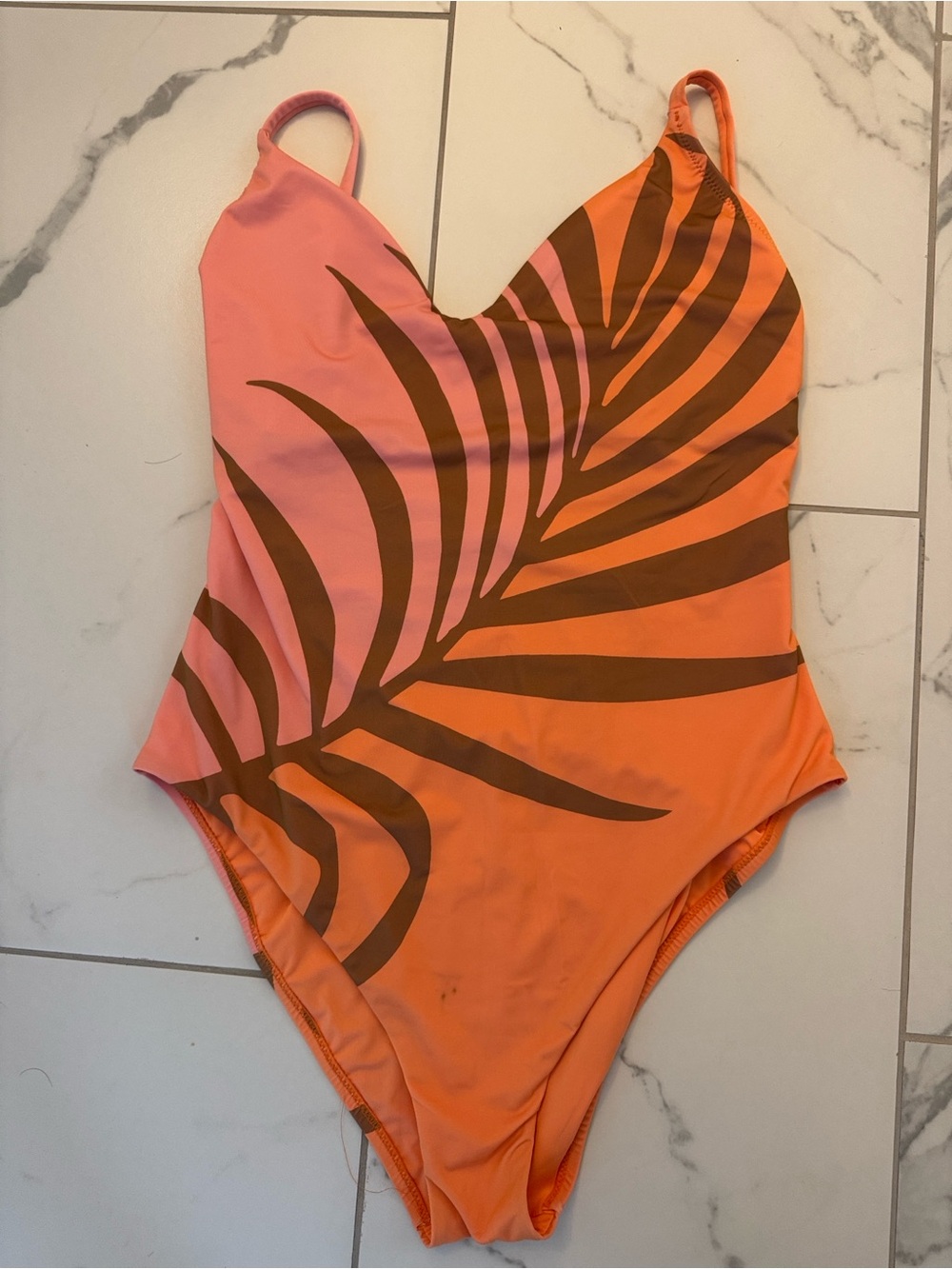 Sanctuary Pink and Orange One-Piece Swimsuit with Brown Leaf Print